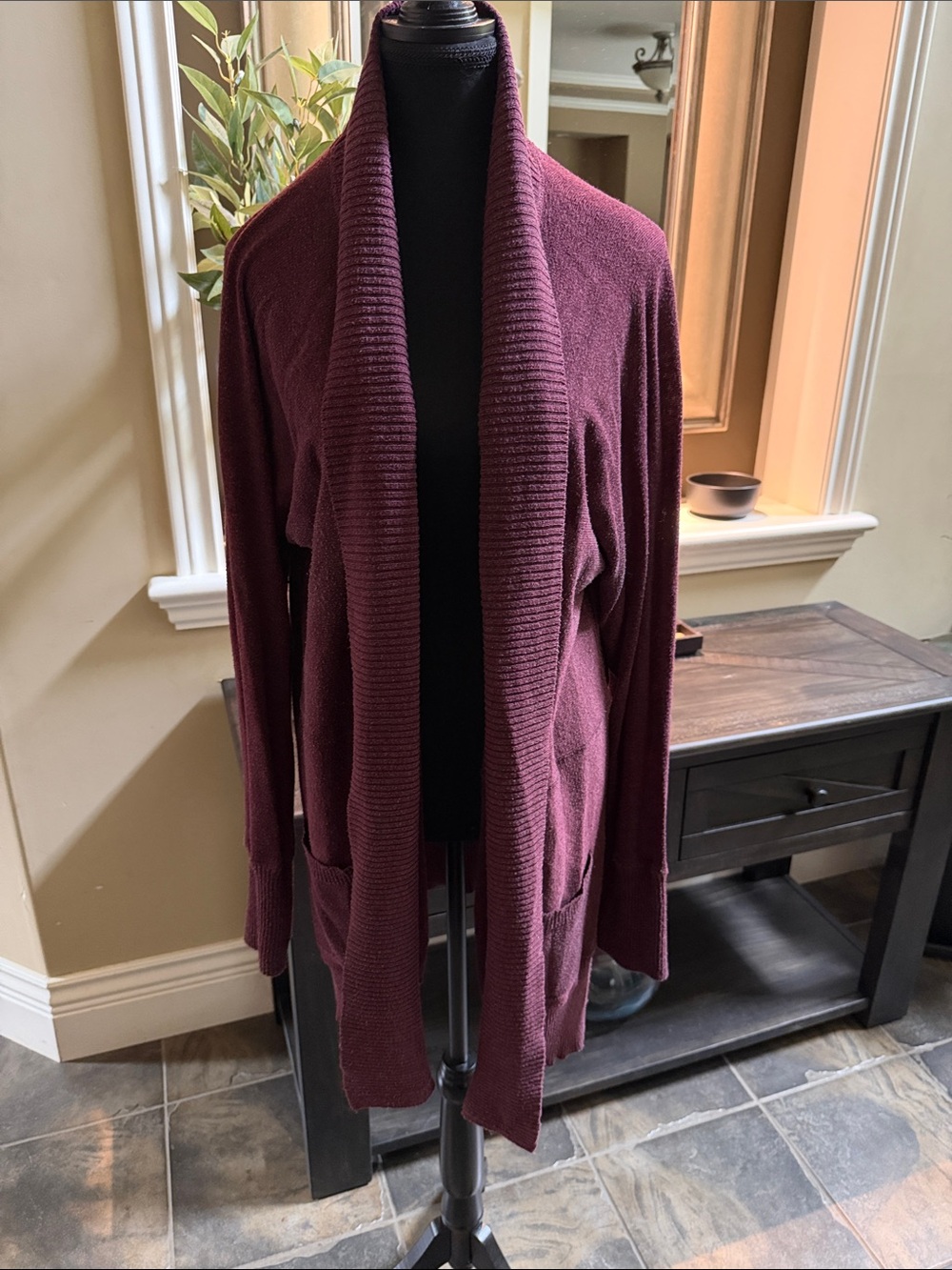 Warehouse Open-Front Longline Cardigan in Burgundy